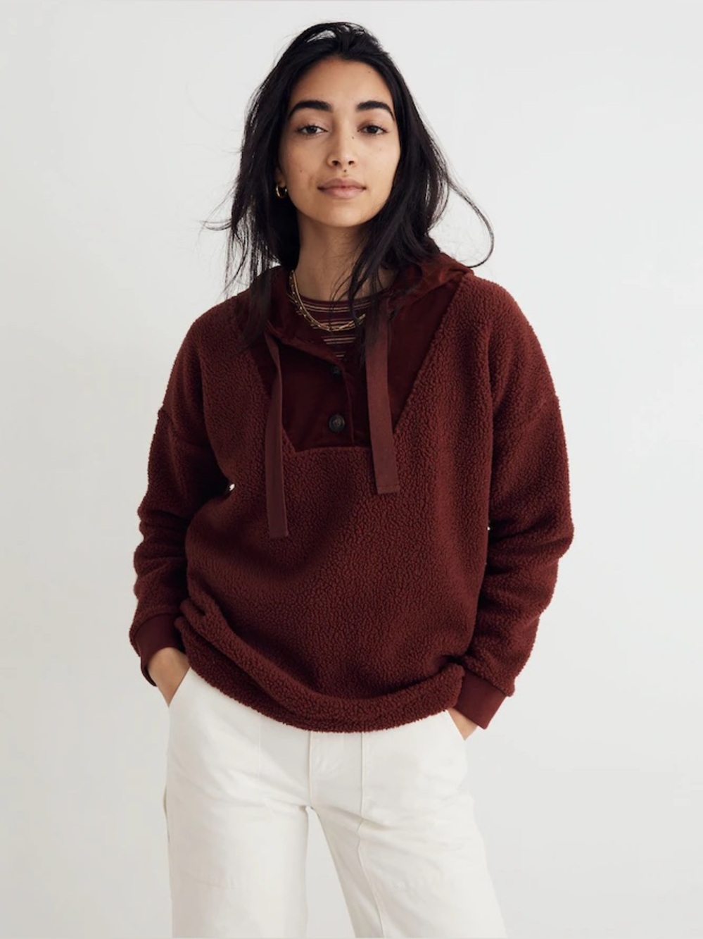 Madewell (Re)sourced Fleece Button-Front Hoodie Sweatshirt Red Burgundy XXL - Picture 1 of 7